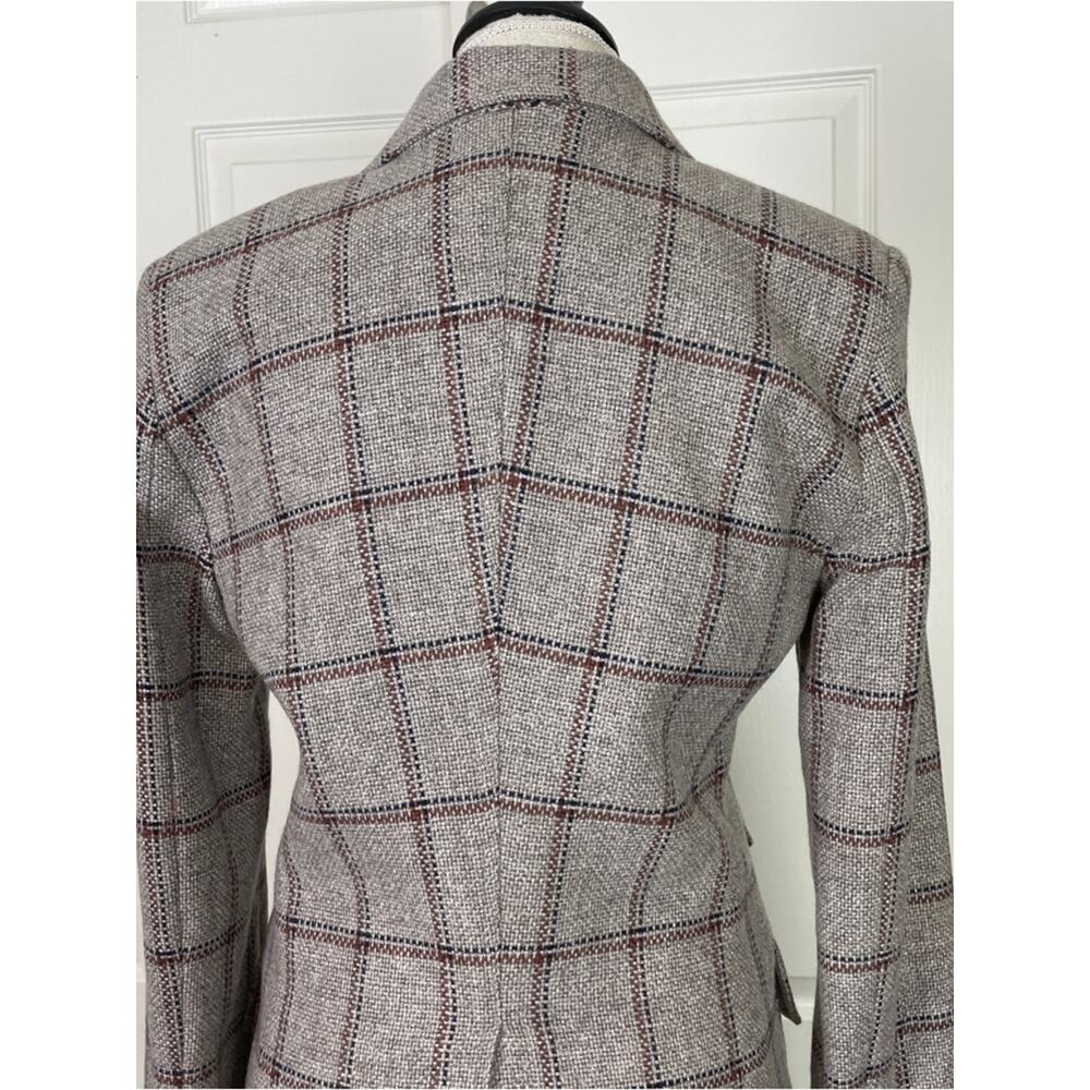 Smythe Birkin Grid Plaid Rib Cuff Blazer Griege Black Wool Blend Sz 8 - Picture 7 of 11